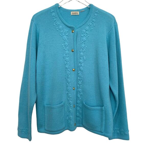 Vintage 80s Classic Elements Blue Flower Embroidery Cardigan Sweater Size L - Picture 1 of 7
